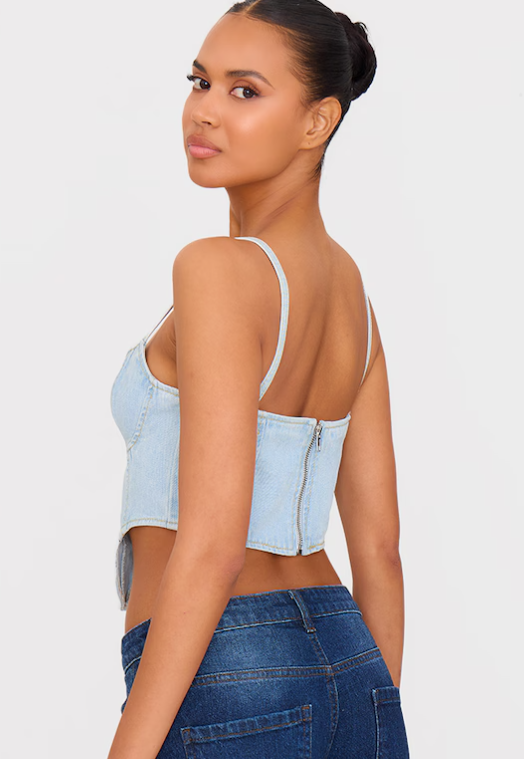 Light Blue Wash Dipped Hem Denim Corset
