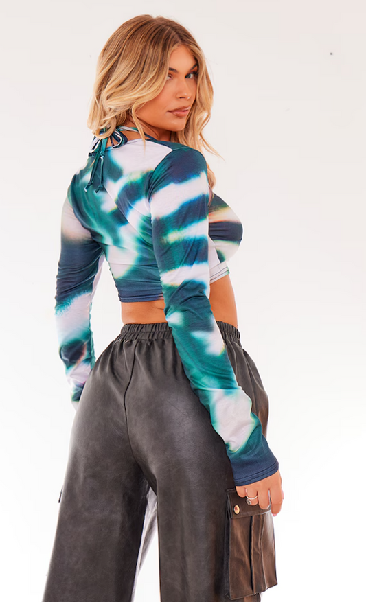 Green Printed Jersey Halter Cold Shoulder Crop Top