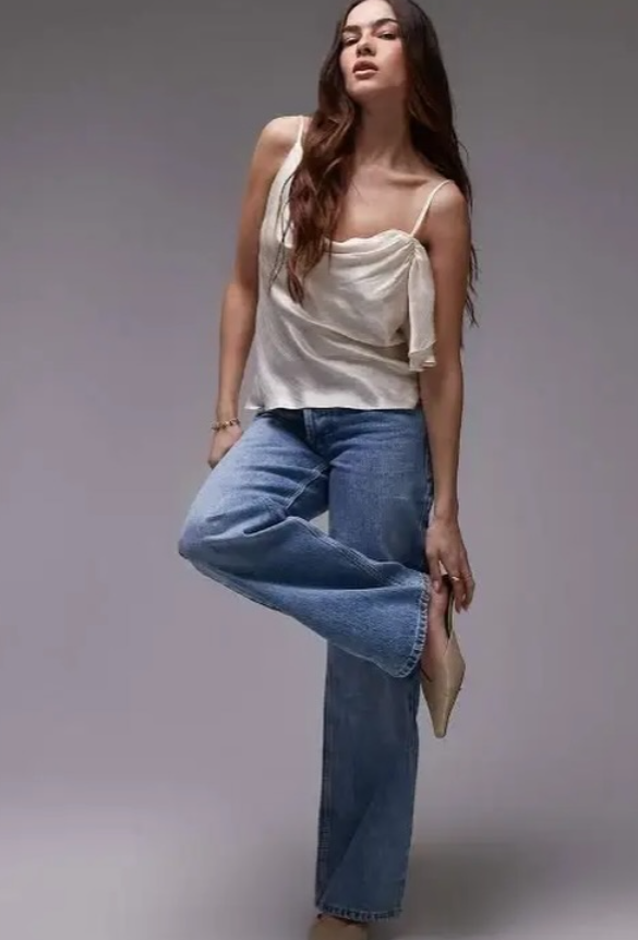 Topshop - double strap satin cami with ruffle in champagne