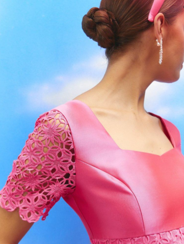 Lisa Tan Square Neck Lace Insert Twill Midi Dress