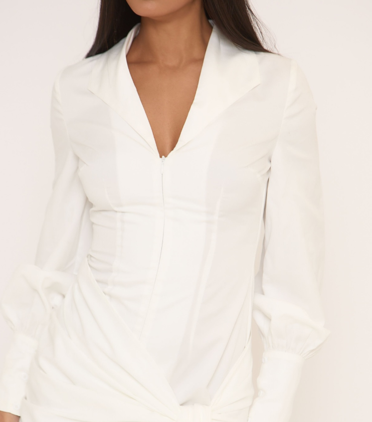 LONG SLEEVE CORSET WRAP DETAIL SHIRT DRESS IN WHITE