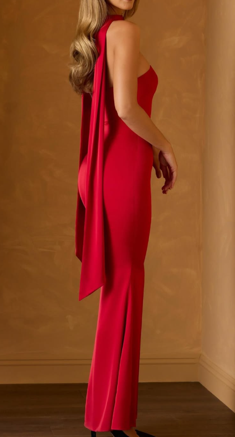 OhPolly-Scarf-Detail Strapless Gown in Scarlet Red