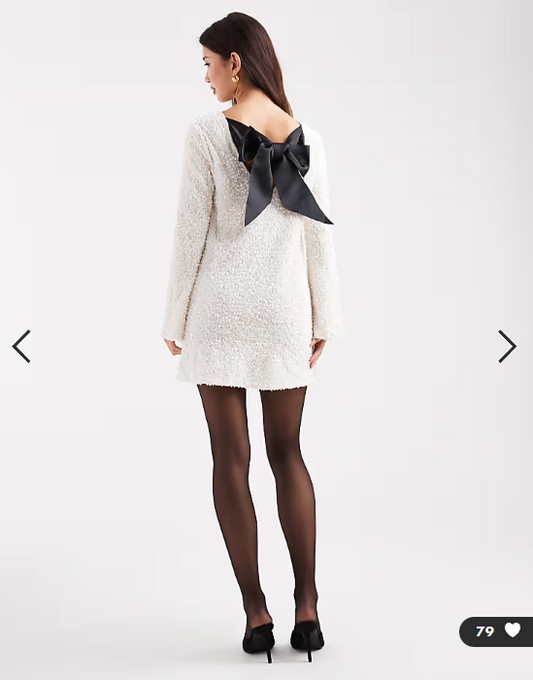 ONLY sequin back detail bow mini dress in white