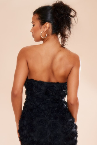 Black Textured Rose Detail Bandeau Bodycon Dress