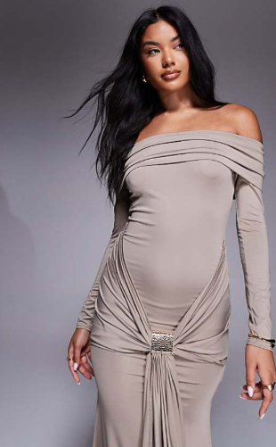 Aria Cove deep bardot gold hardware front drape detail maxi dress in beige