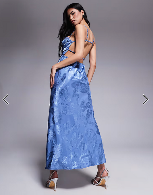 Rare London satin ruched bust open strappy back maxi dress in blue butterfly print