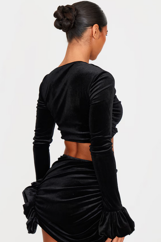 Black Velvet Puff Sleeve Cropped Top