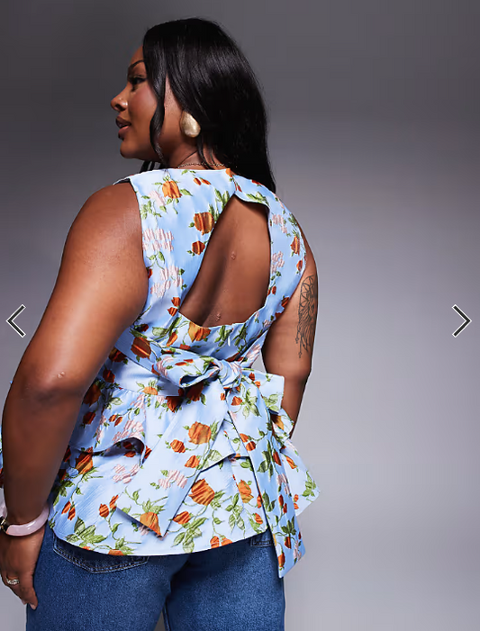 ASOS LUXE Curve jacquard peplum top with bow back in capri floral
