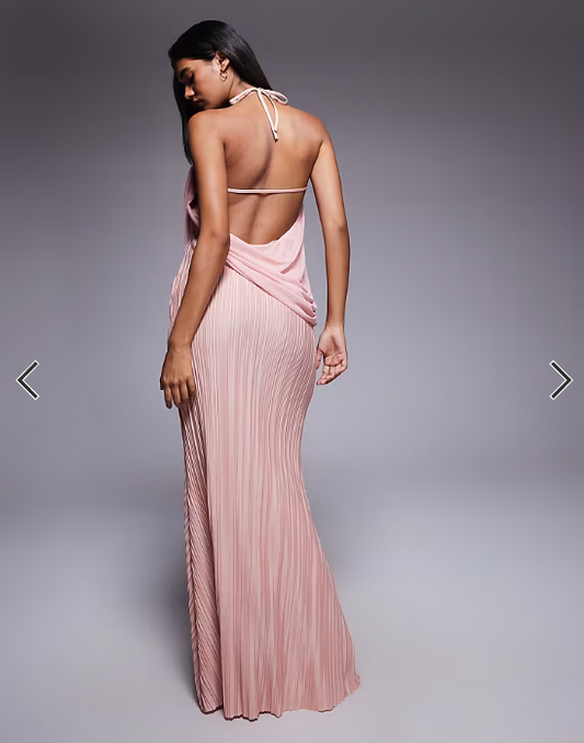 ASOS DESIGN Premium plisse drape maxi dress with cross strap neckline in light pink