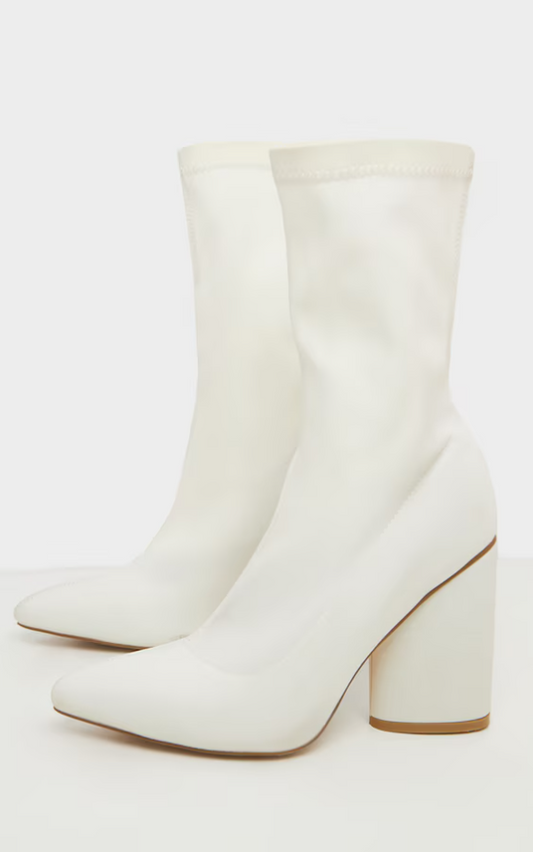 White Chunky Block Heel Sock Boot