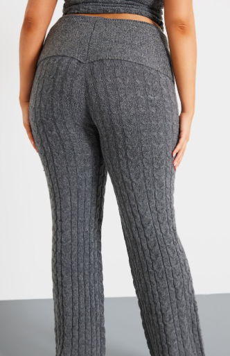 Plus Charcoal Marl Textured Knit Foldover Wide Leg Trousers