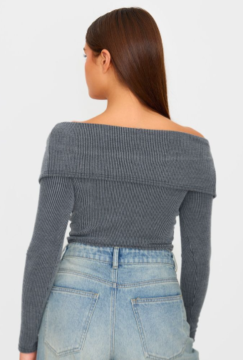 Charcoal Ribbed Button Down Fold Over Long Sleeve Top