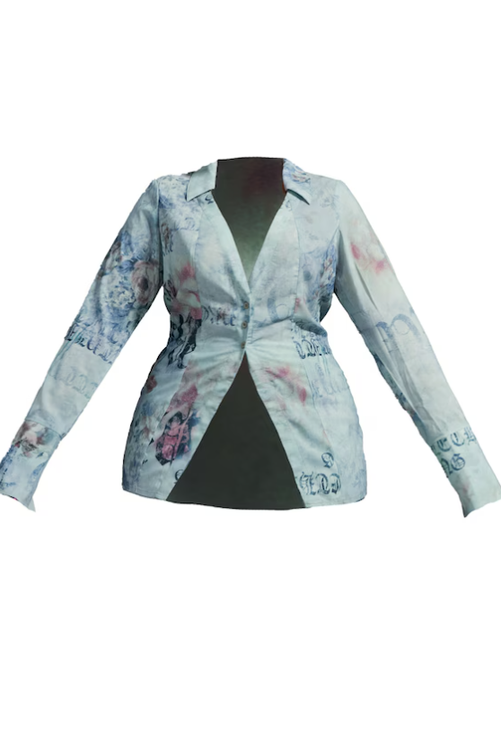 Plus Blue Vintage Floral Print Chiffon Fitted Shirt