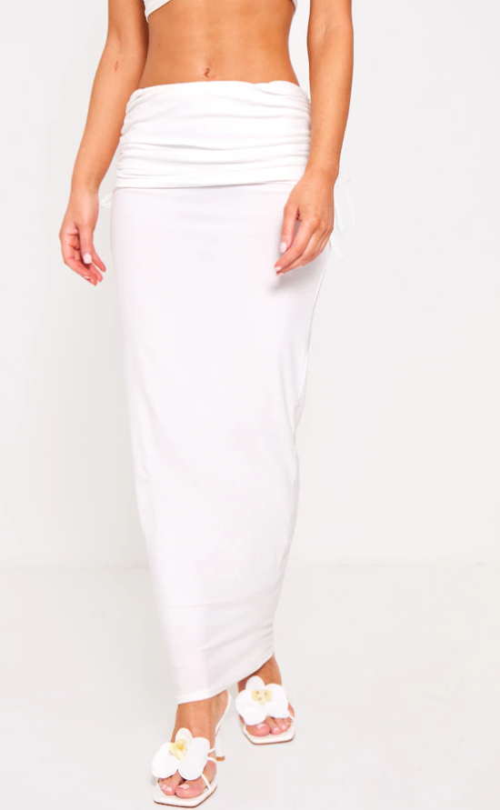 Cream Soft Touch Asymmetric Fold Over Ruched Maxi Skirt