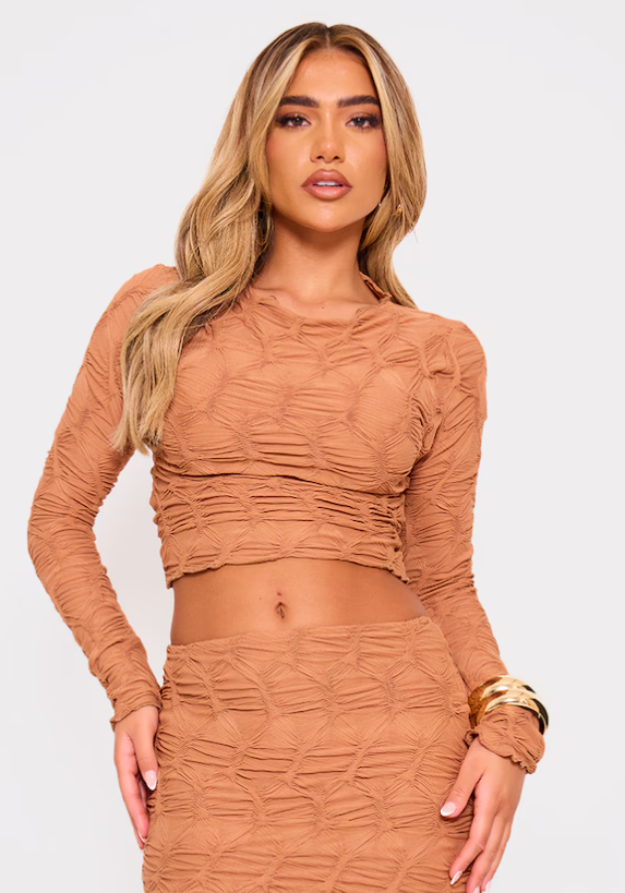 Camel Textured Long Sleeve Crop Top