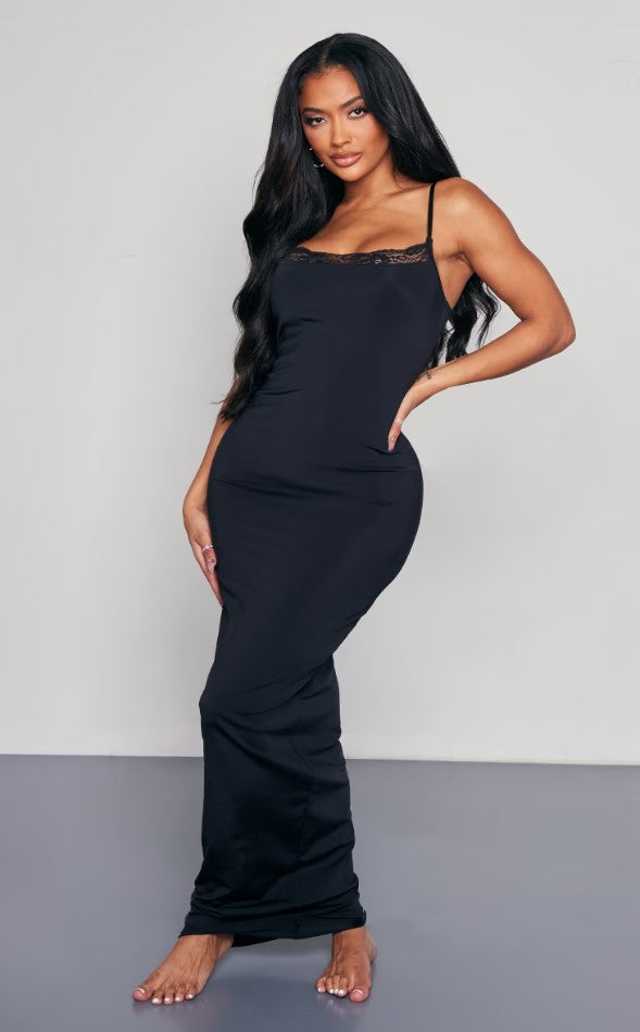 Shape Black Lace Detail Matte Sculpt Maxi Dress