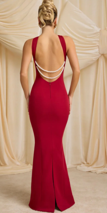 Oh Polly - Xanthia Pearl-Detail Halterneck Maxi Dress in True Red