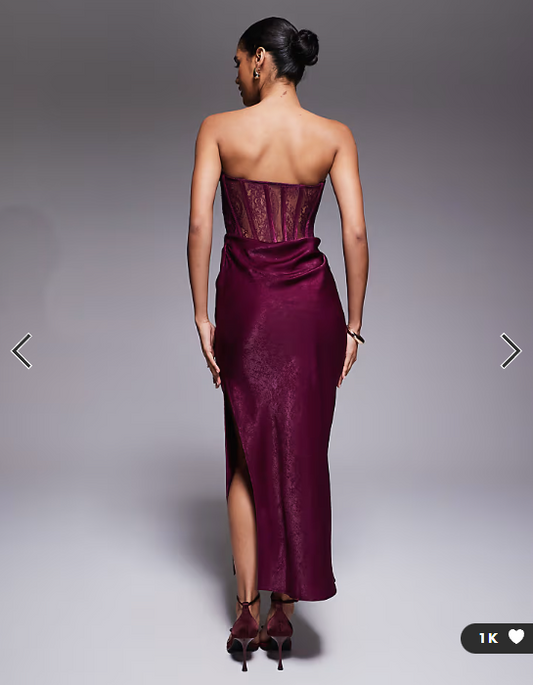 ASOS DESIGN lace corset detail maxi dress with satin draped skirt in mulberry