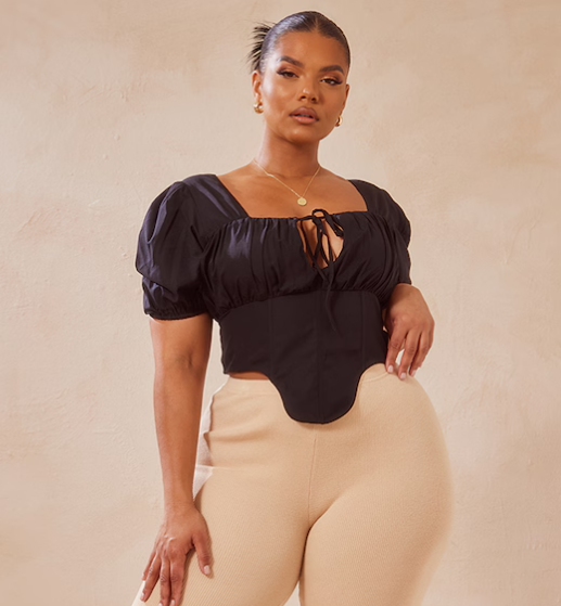 Plus Black Tie Front Corset Blouse