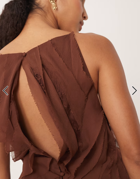 ASOS DESIGN high neck raw edge ruffle maxi dress with lace inserts in chocolate