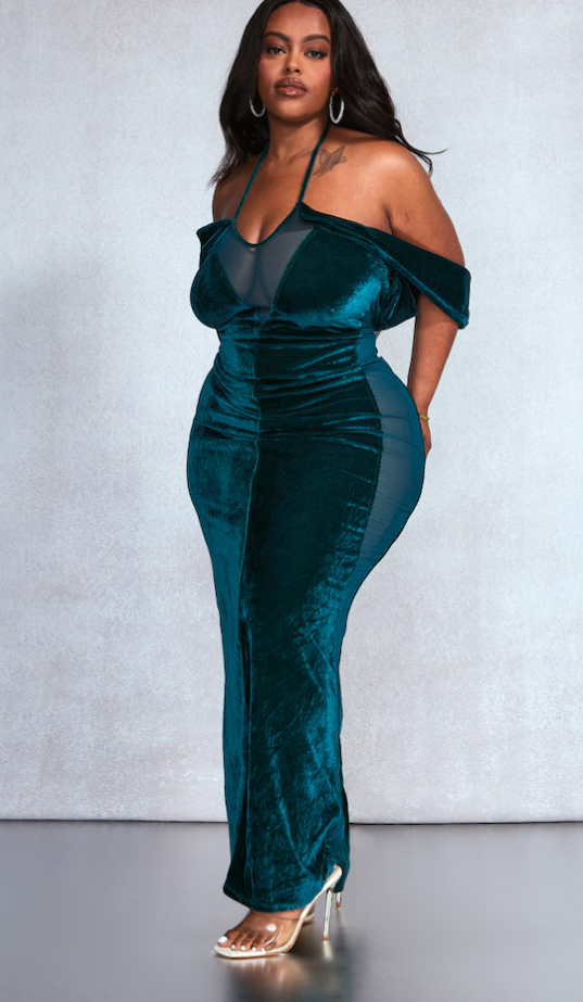 Plus Emerald Green Velvet And Mesh Halter Maxi Dress With Bardot Detail