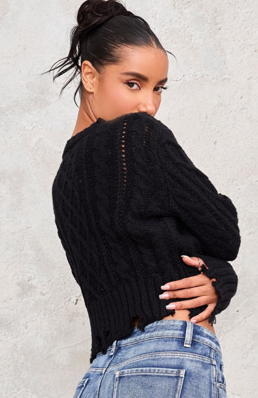 Black Distressed Cable Knit Button Detail Cropped Jumper