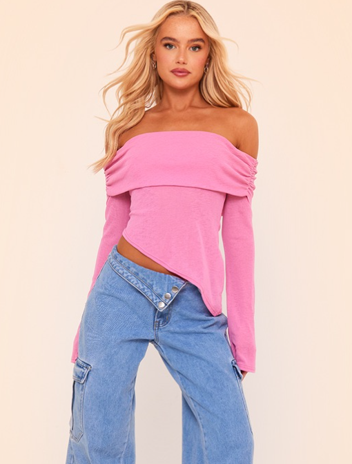 White Burnout Mesh Bardot Long Sleeve Top