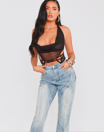 Black Printed Mesh Longline Open Back Cami Long Top