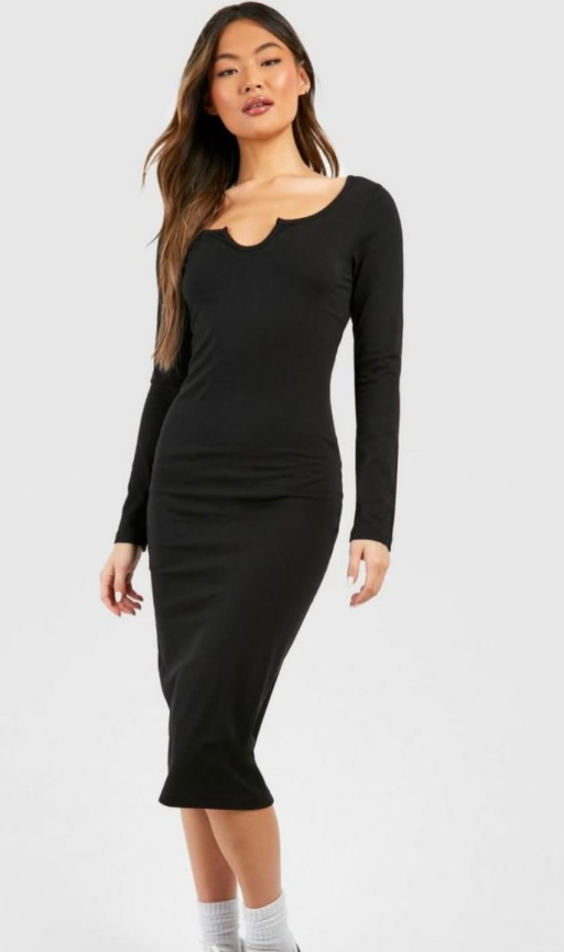 Boohoo - Notch Neck Long Sleeve Jersey Midi Dress - black