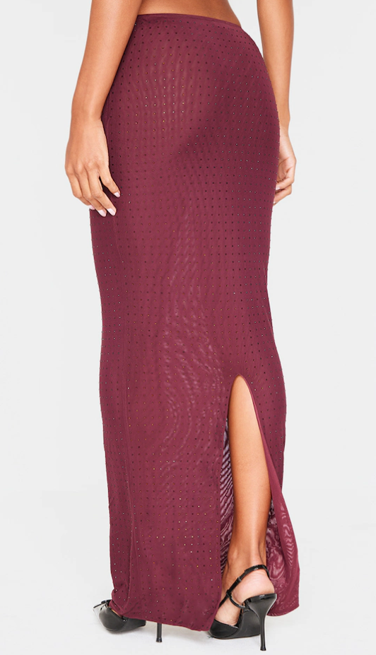 Burgundy Hot Fix Mesh Maxi Skirt