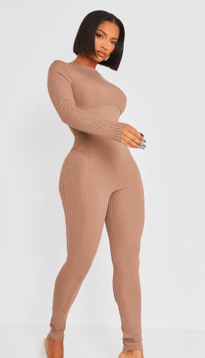 Shape Mocha Rib Underbust Detail Long Sleeve Jumpsuit