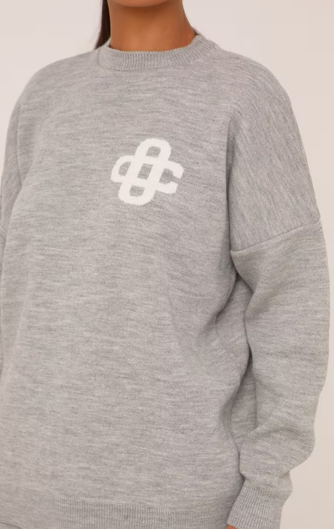 High Neck Oversized Contrast Swirl Detail Sweatshirt In Grey Marl Knit