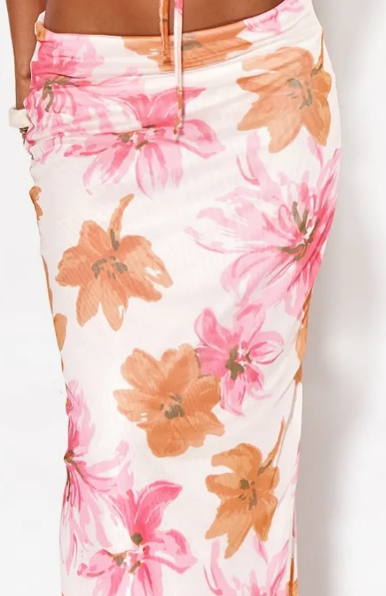 Orange Floral Print Mesh Low Rise Midaxi Skirt