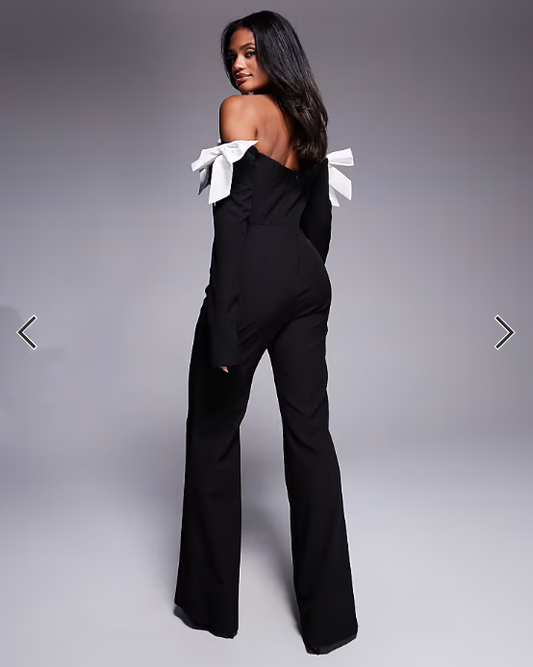 ASOS LUXE satin bow off shoulder jumpsuit in black contrast