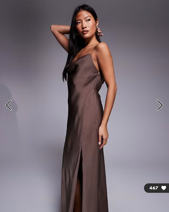 ASOS DESIGN Petite satin tie strap maxi dress with split detail in mocha brown