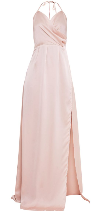 Lucie Champagne Silky Plunge Extreme Split Maxi Dress