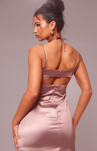 Mocha Satin Tie Front Cup Detail Dress