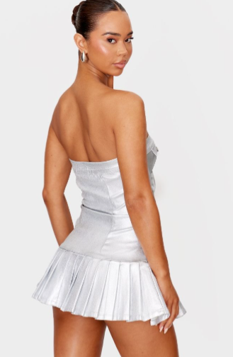 Silver Disco Stretch Denim Pleated Bandeau Skater Dress