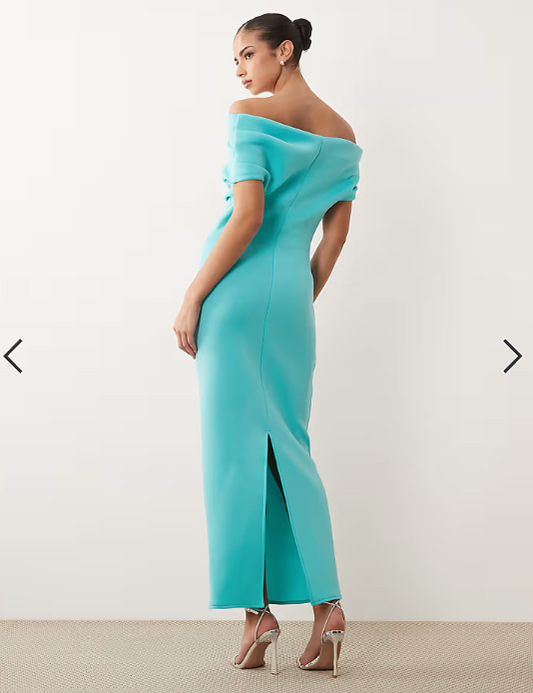 ASOS DESIGN bardot midi dress with split in turquoise scuba-style fabric