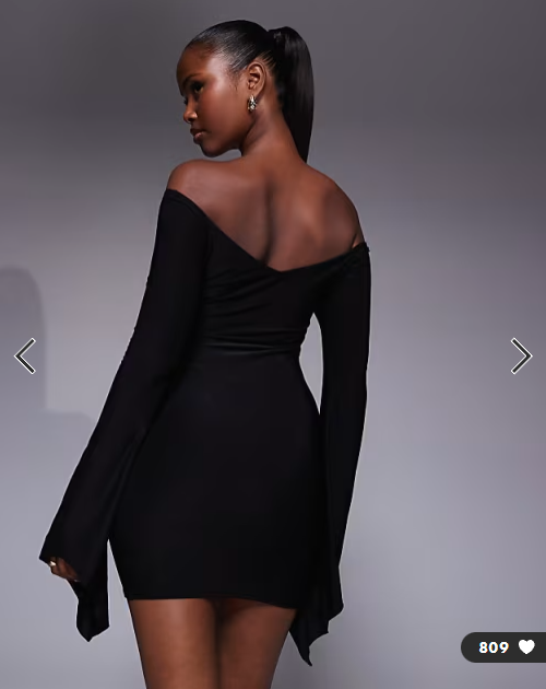 Kaiia exclusive double layered slinky off shoulder fluted drape sleeve mini dress in black
