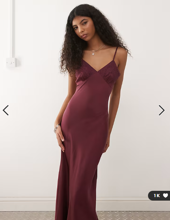 Reclaimed Vintage maxi cami satin slip dress with lace trims in fig