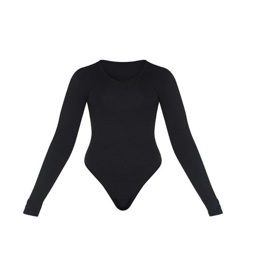 Basic Cotton Blend V Neck Long Sleeve Bodysuit