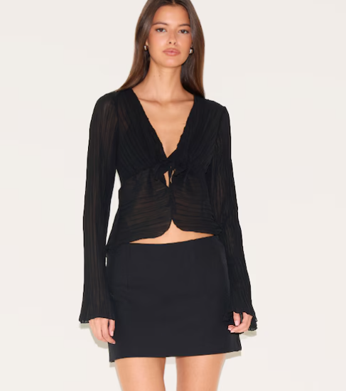 Black Sheer Plisse Tie Front Flute Sleeve Blouse