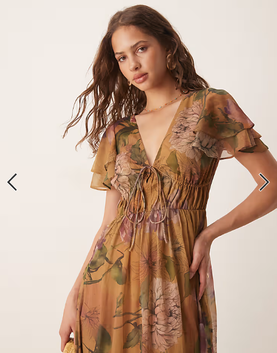 ASOS DESIGN v neck angel sleeve cut out maxi dress in floral print