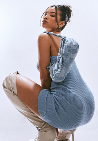 Charcoal Blue Rib Bandeau Mini Knitted Dress