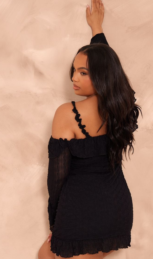 Plus Black Textured Bardot Frill Hem Bodycon Dress