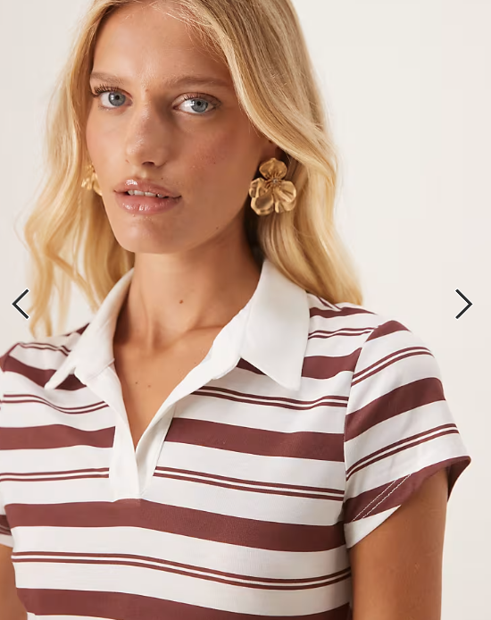 ASOS DESIGN short sleeve polo mini dress with poplin skirt in white and burgundy stripe