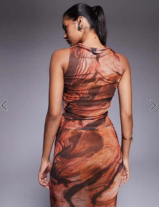 ASOS DESIGN mix & match sheer mesh high cowl neck tank top in orange abstract print