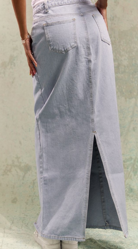 Light Blue Wash Statement Slit Denim Maxi Skirt