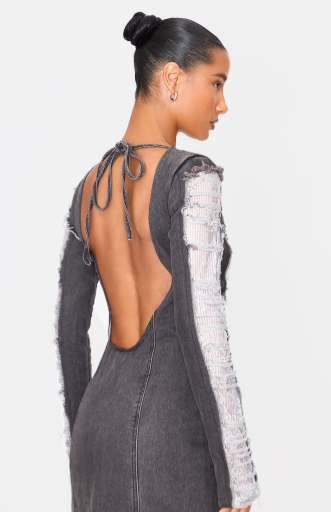 Washed Black Extreme Distressed Sequin Panel Backless Mini Dress